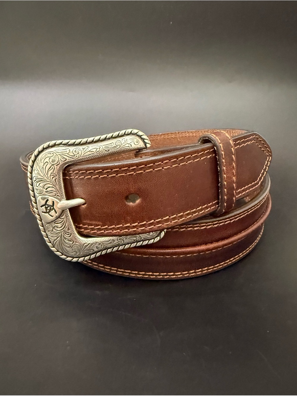 ARIAT Brown Leather Silver Ornate Buckle Rodeo Cowboy Men’s Western Belt Size 38